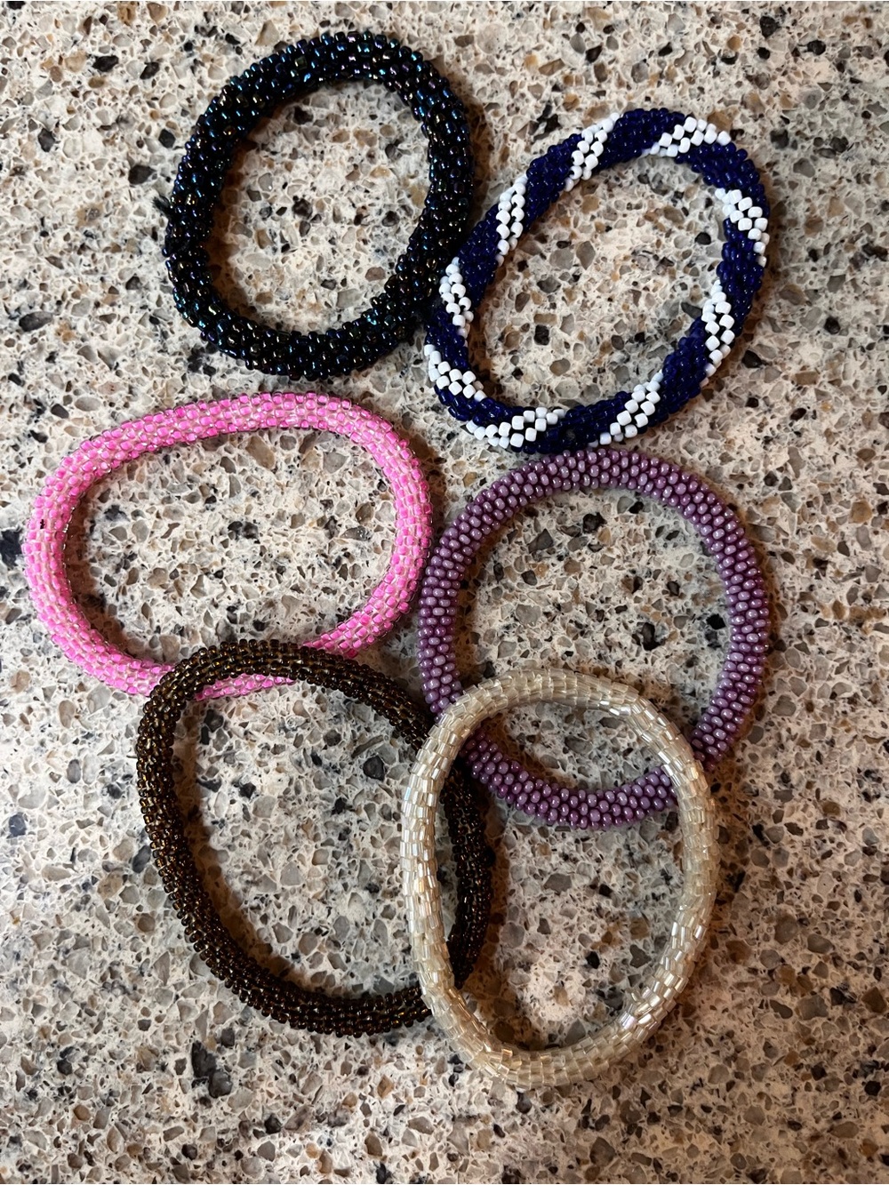 Set of 6 Beaded Stretch Bracelets - Pink, Purple, Black, Navy, Brown, Gold